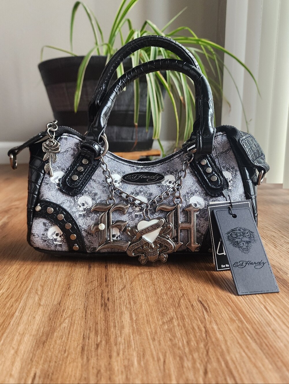 NWT Ed Hardy Grey Skull & Croc Bowler Satchel Bag 💀🖤 y2k Grunge